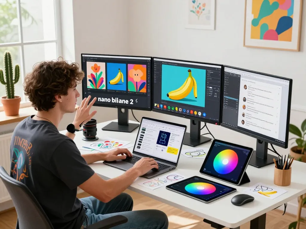 Creative professional using nano banana 2 AI image editor in a vibrant workspace, showcasing innovative digital art and collaborative design.