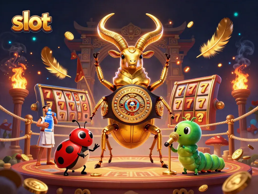 Engage in slot adventures featuring a golden stag beetle champion and vibrant casino elements.