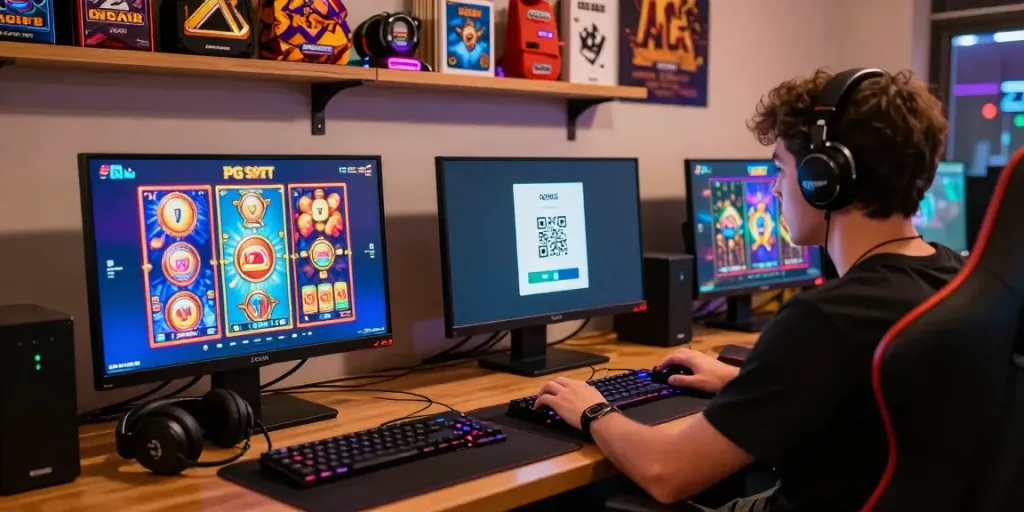 Engaged player enjoying slot gacor games on a laptop, showcasing vibrant graphics and gaming atmosphere.
