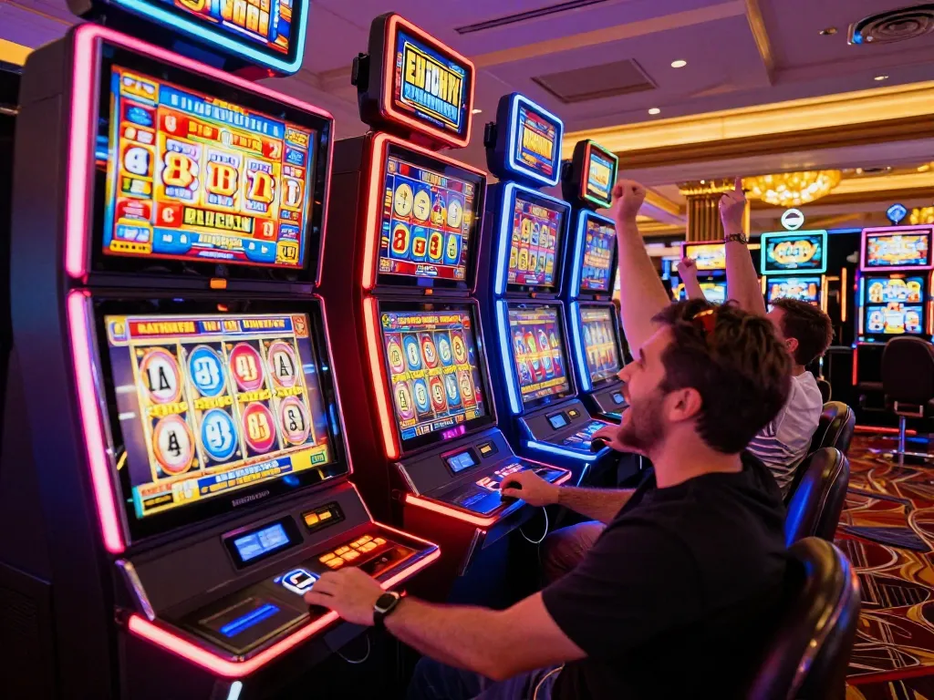 Players celebrate big wins at vibrant slot machines in a luxurious casino environment
