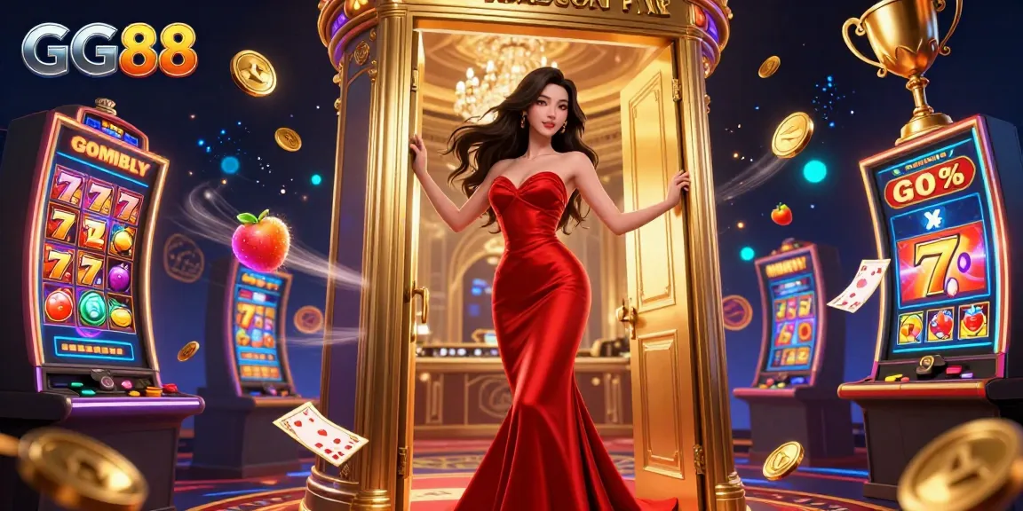 Experience exciting games at GG88 with beautiful Asian woman greeting you in a vibrant VIP casino.