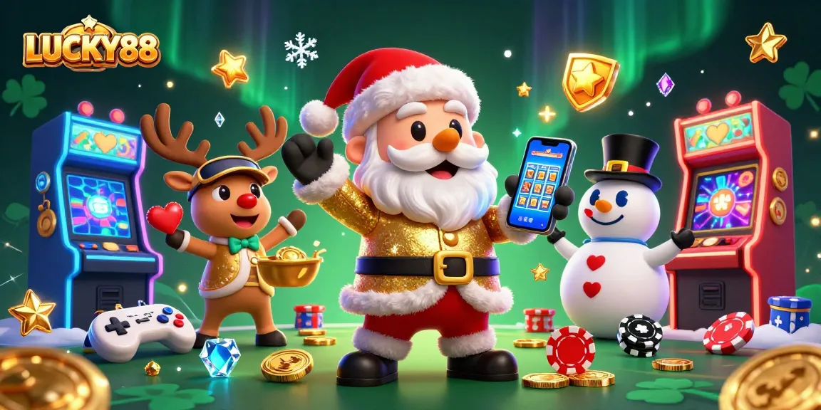 Experience the excitement of LUCKY88 slots in a vibrant 3D casino scene filled with festive characters.