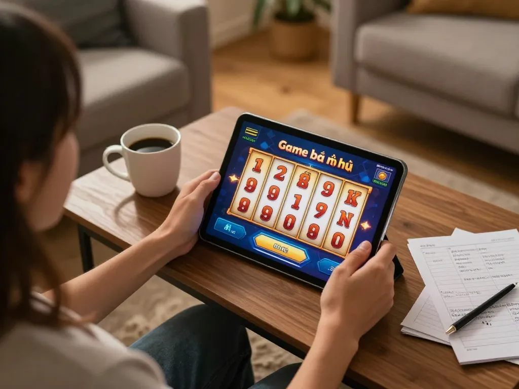 Engaging in Game bài nổ hũ at home with tablet showing vibrant slots interface.