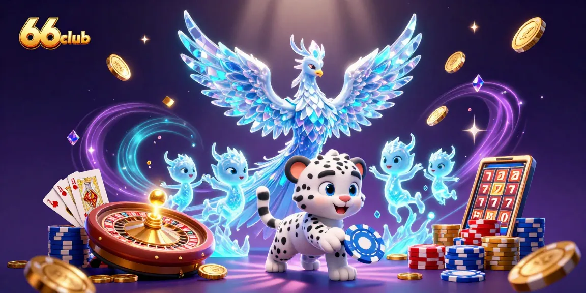 Engage with vibrant 66club themes featuring an ice phoenix, poker chips, and dynamic gaming action.