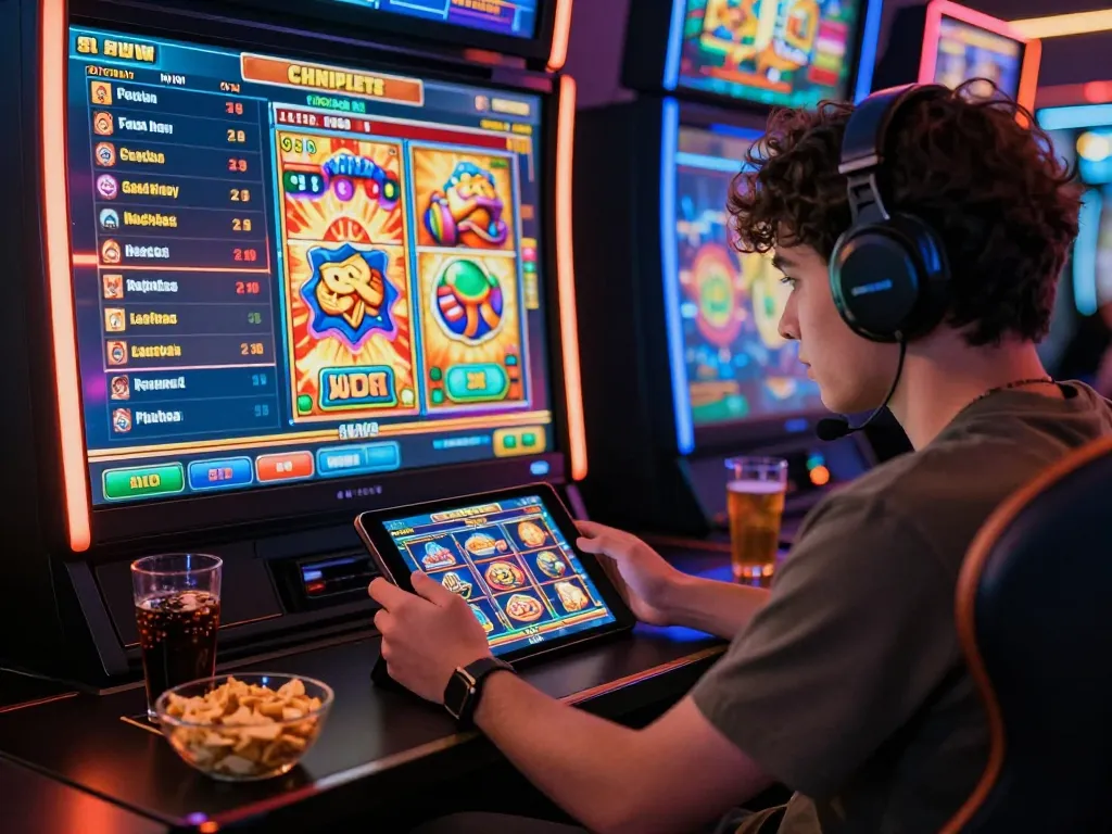 Exciting online gaming experience on vegasslot77.com with a player using a tablet and colorful slot graphics.