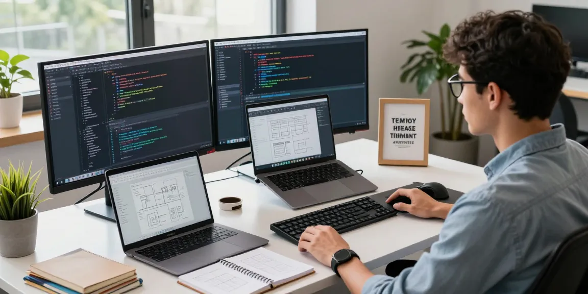 展示了 https://adspowet.com 的专业软件开发环境，开发人员专注于现代办公桌前的双显示器，周围环境充满创意气息。