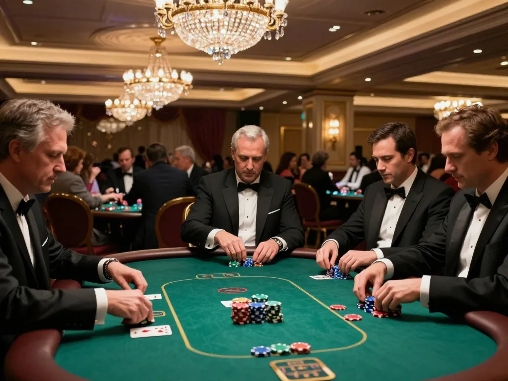 Spaceman players strategizing in high-stakes poker game, focus on chips and cards