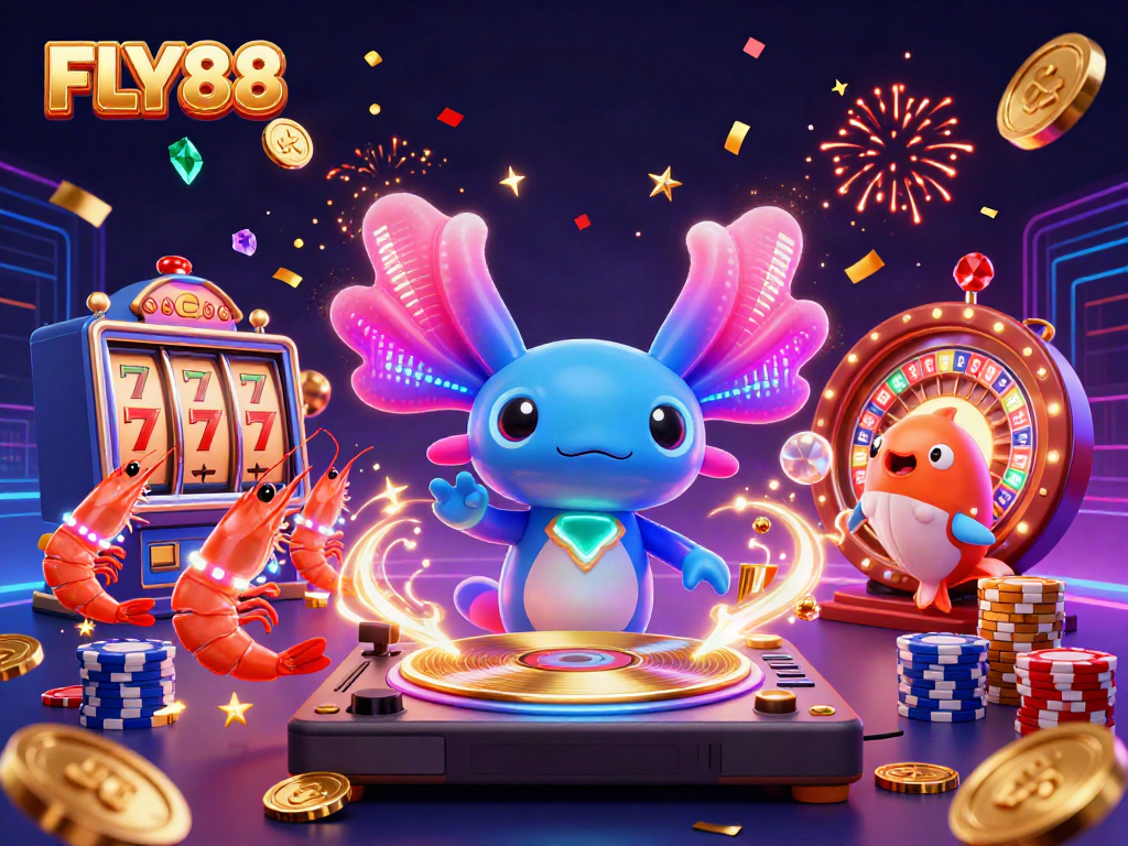 Experience the excitement of FLY88 with a vibrant casino scene featuring a neon DJ, slot reels, and animated characters.
