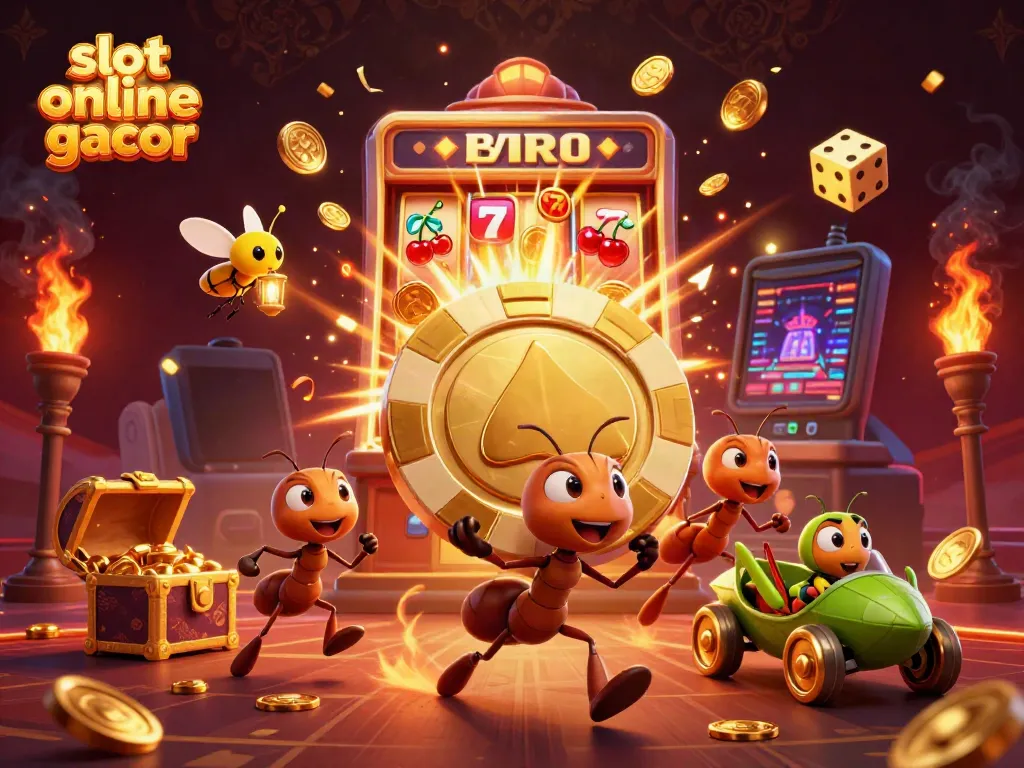 Experience the excitement of slot online gacor with a cartoon heist scene featuring ants and casino elements.