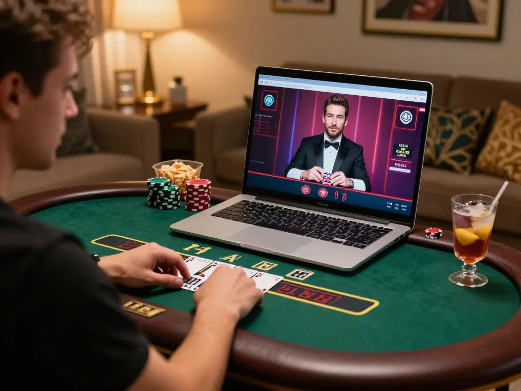 MM88 online player enjoying a live blackjack game in a cozy setting, focused and engaged.