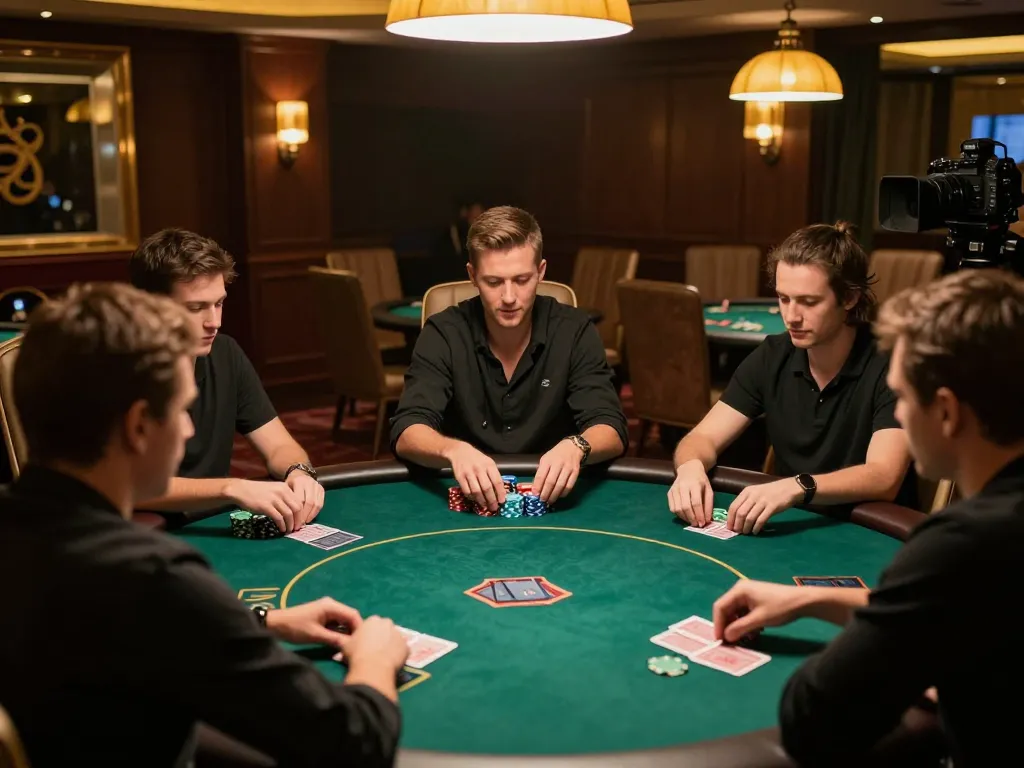 Engaged players strategizing their bets at u888poker's premium poker table in a stylish setting