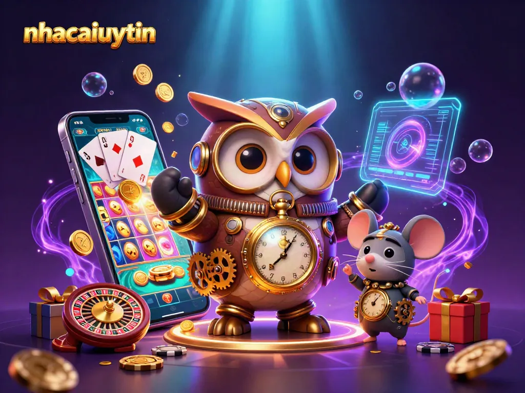 Experience the thrill of nhacaiuytin with a vibrant 3D casino scene featuring a time-traveling owl and exciting gaming elements.