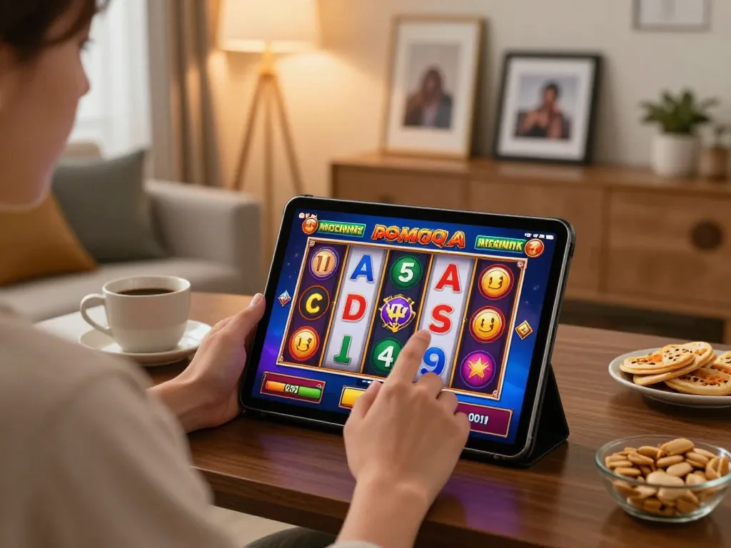 Person enjoying an exciting slot gaco gaming session on a tablet in a cozy home setting.