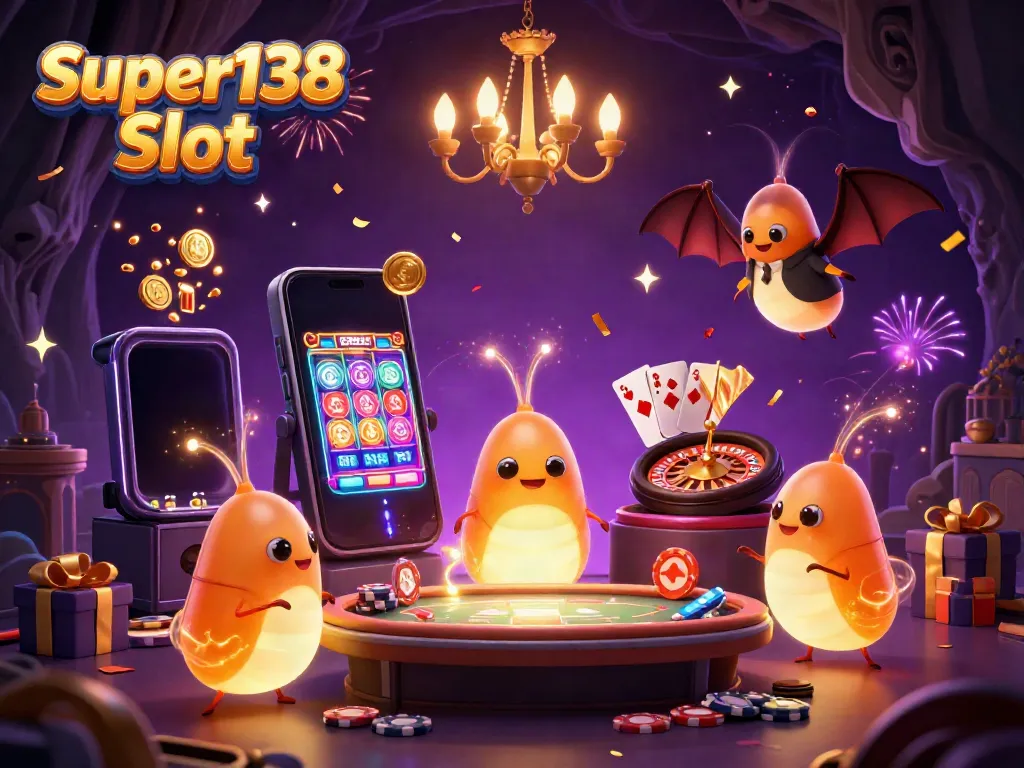 Play Super138 Slot amidst a vibrant cave casino with glowworms lighting the scene.