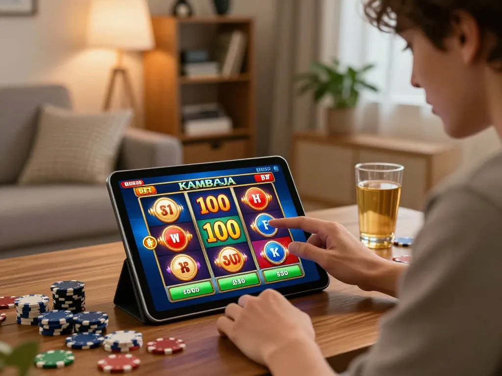 Experience slot kamboja bet 100 gameplay on a tablet in a cozy living room, showcasing a strategic betting moment.
