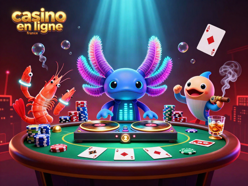 Profitez de l'excitation de casino en ligne France avec un DJ axolotl vibrant entouré de crevettes dansantes et jeux de cartes.