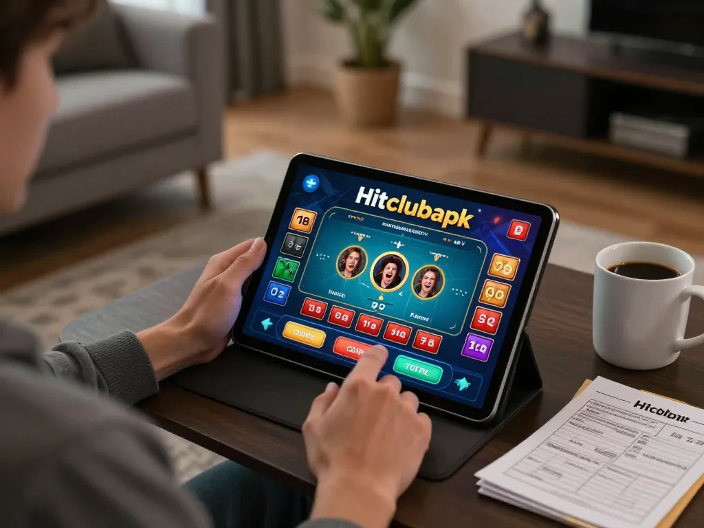 Engage with hitclubapk on a tablet during an exciting online casino session in a stylish living room.