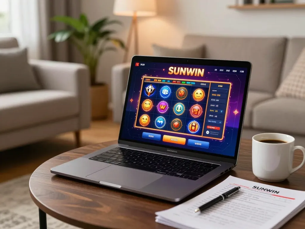 SUNWIN app showcasing vibrant slot games on a cozy home gaming setup, enhancing online gambling experience.