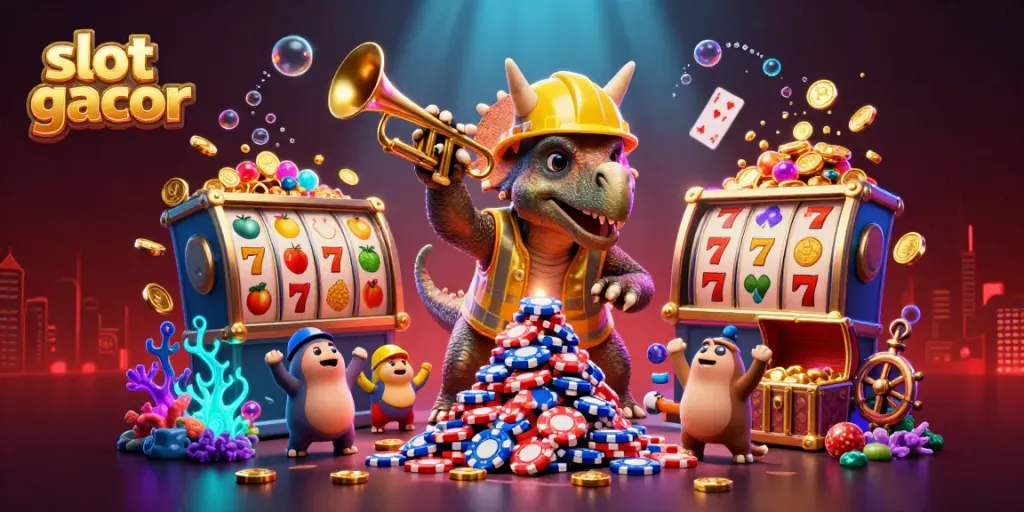 Slot gacor mengungkapkan kegembiraan dengan dinosaur merayakan permainan kasino dalam gambar berwarna-warni.