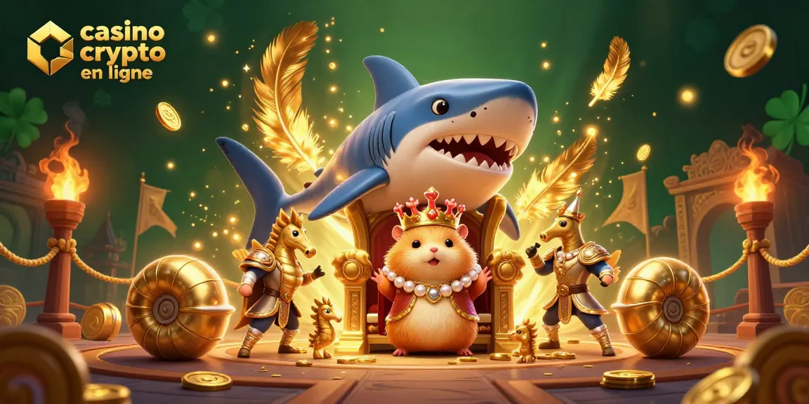 Le roi hamster doré sur son trône au casino crypto en ligne, entouré de gardes et de pièces d'or.