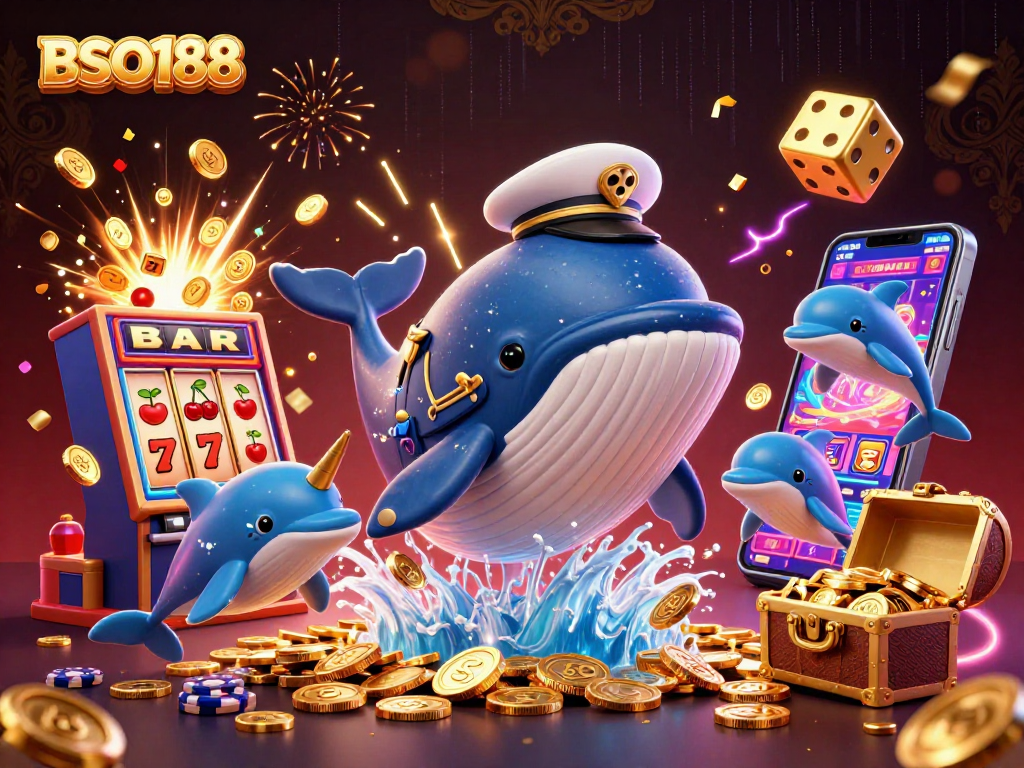 BSO188 showcases excitement with a whale, narwhal, and dolphins in a vibrant casino scene.