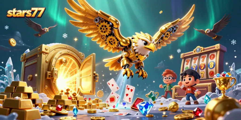 Taruhan platform online stars77 dengan elang robotik dan simbol slot berputar yang gemerlap.