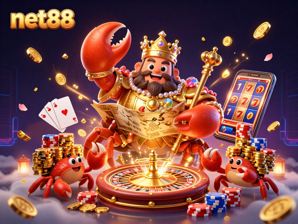 Experience the excitement of net88 with a golden crab emperor in a lively casino scene.
