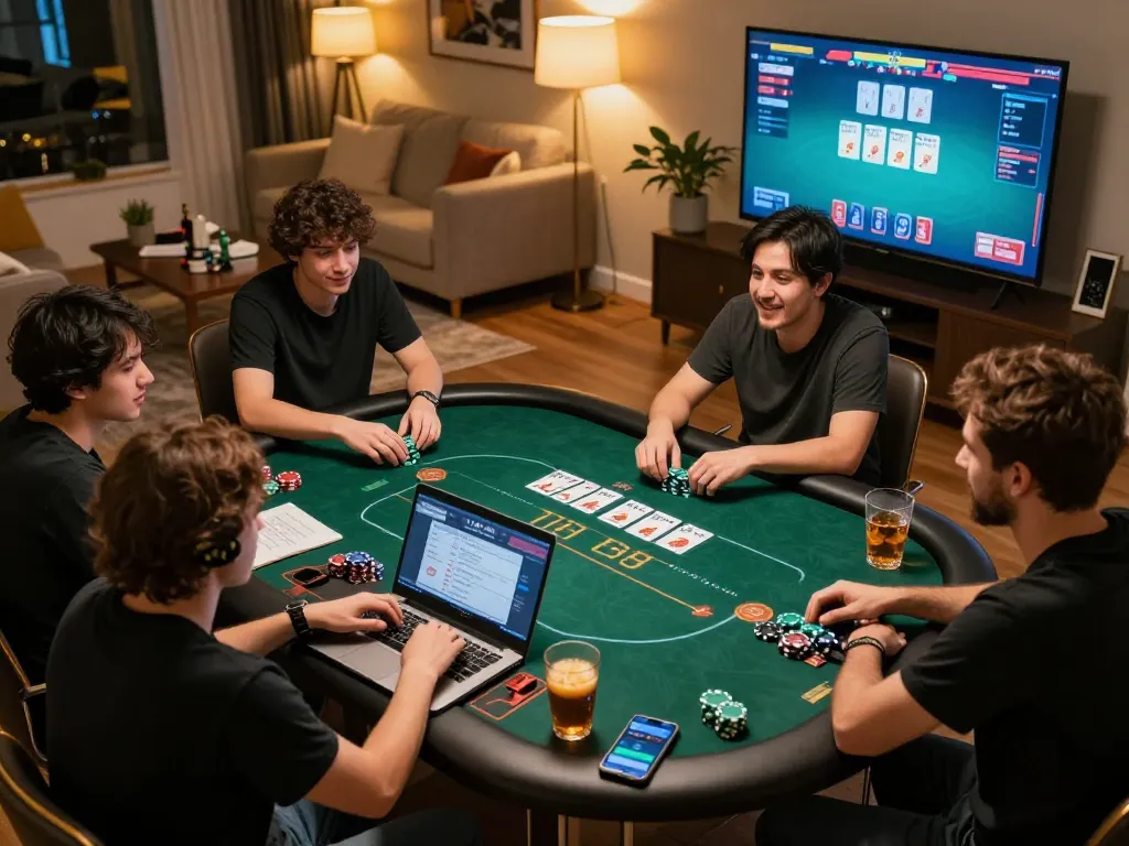 Players engaged in an online poker game on lc88 platform, showcasing strategy and competitive spirit in cozy settings.