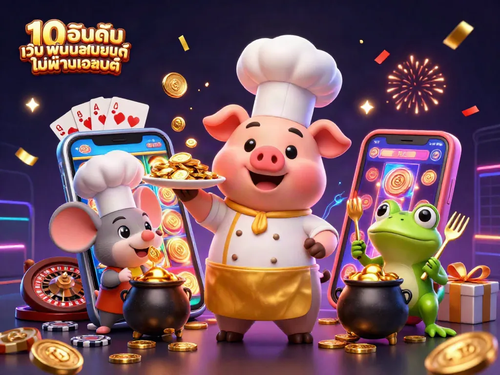 10 อันดับ เว็บพนันออนไลน์ ไม่ผ่านเอเย่นต์ แสดงภาพการ์ตูน 3D ที่มีตัวละครเชฟและบรรยากาศคาสิโน