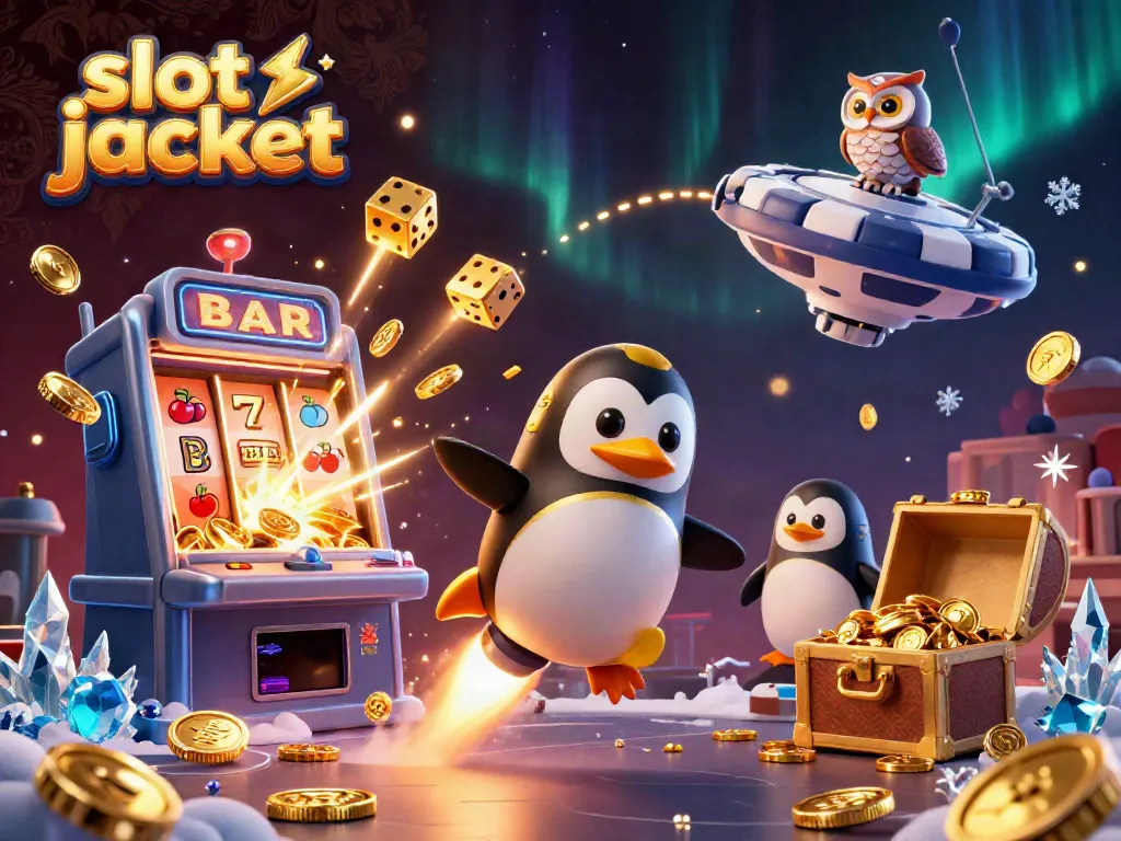 Spin to win big with the slot jackpot featuring rocket penguin and casino coins!