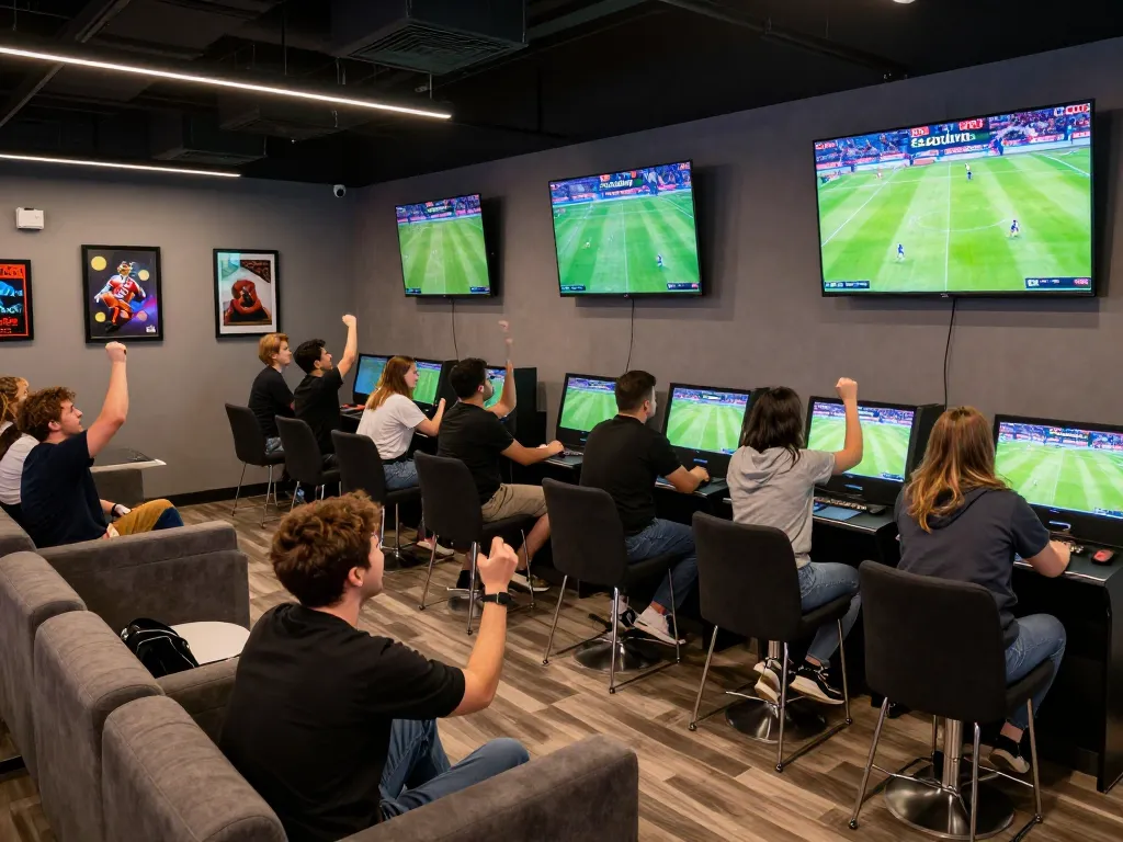 SOCOLIVE patrons actively placing bets and watching live matches in a vibrant sports betting lounge