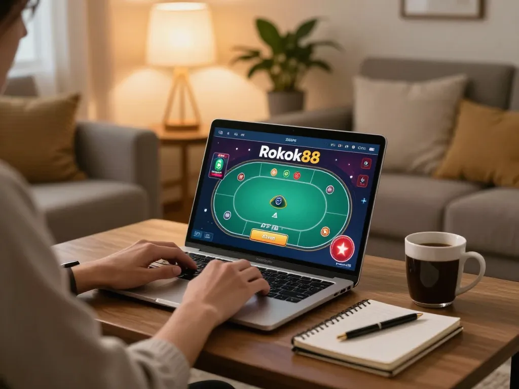 Engaged user playing poker on Rokok88 from a cozy home setting with a laptop.