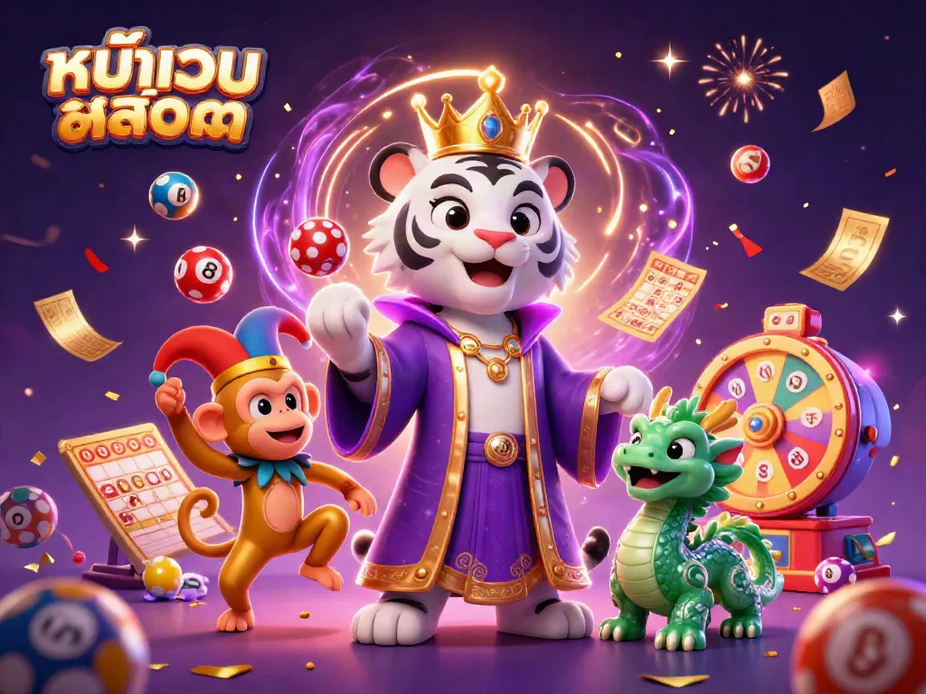 Playful casino scene with a white tiger, monkey, and dragon celebrating wins at หน้าเว็บสล็อต with lottery elements.