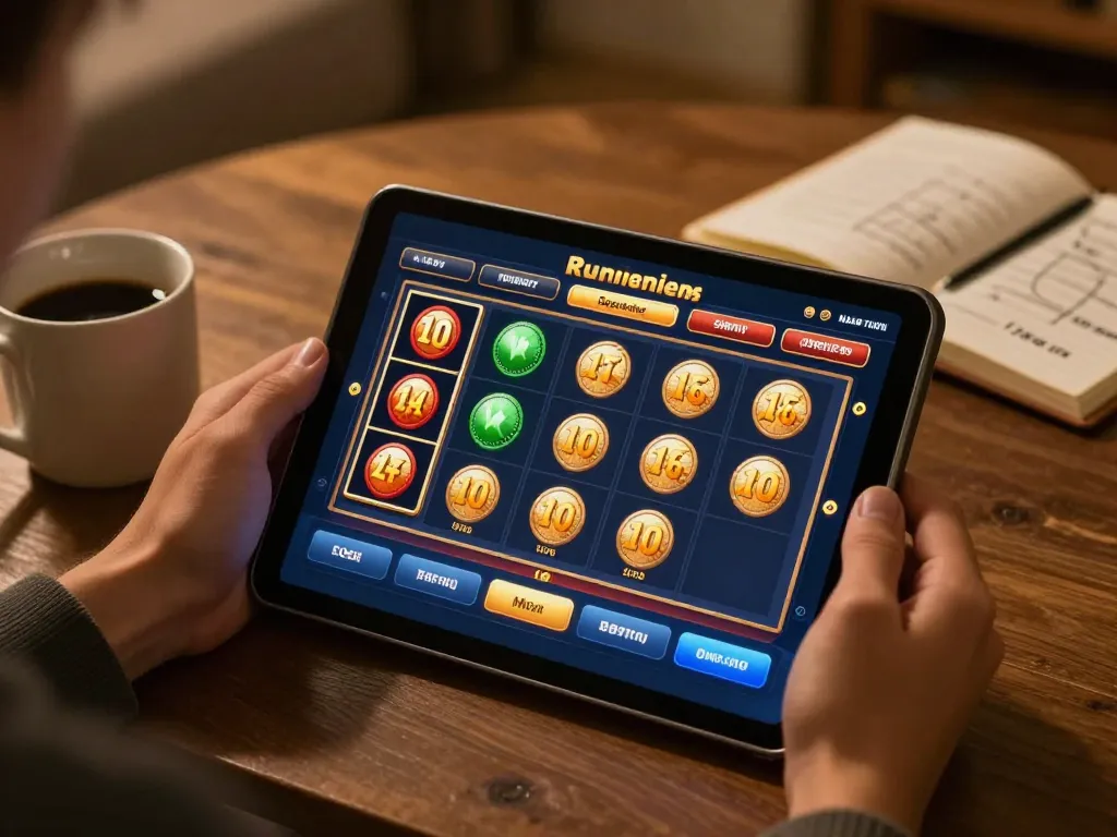 Player enjoying slot deposit 10rb game on tablet, cozy home setting with strategy notes and coffee mug.