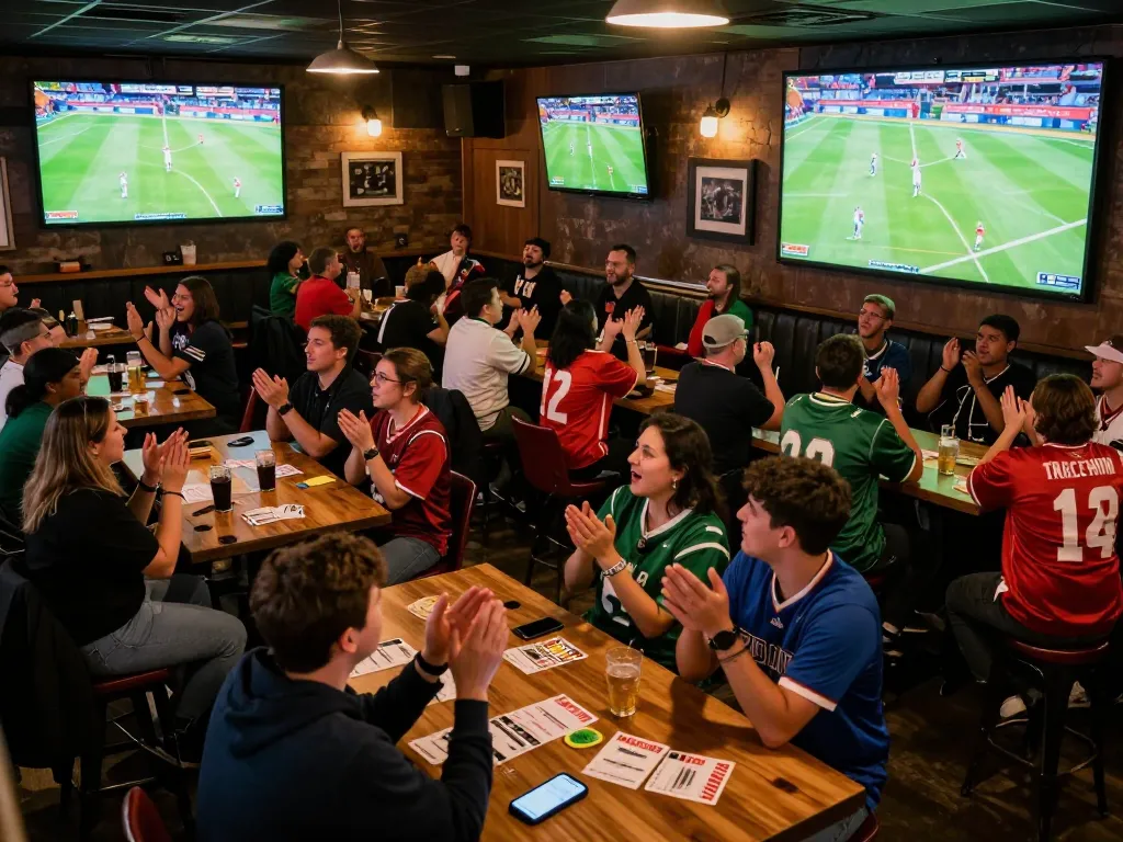 Xoilac sports fans placing bets and enjoying a live match at a vibrant sports bar atmosphere