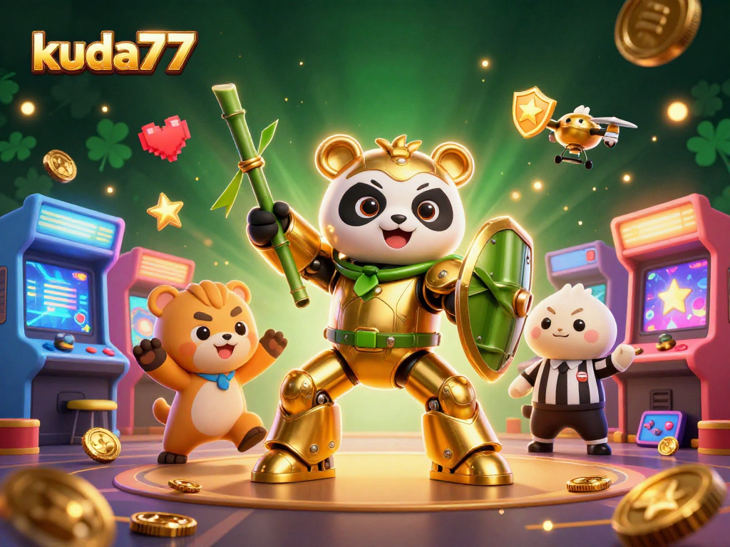 Permainan slot menarik di kuda77 dengan panda emas dan elemen kasino yang dinamis
