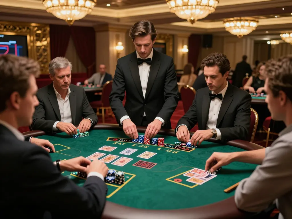 MAY88 players engaging in a lively blackjack game, showcasing strategic betting moments within a luxurious casino setting.