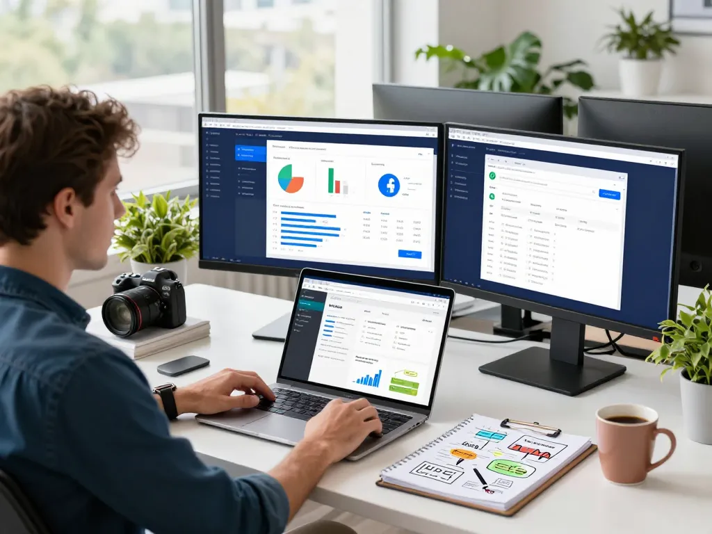 Marketer analyzing meta whitelisted ad accounts rent for effective Facebook campaigns in a modern workspace.