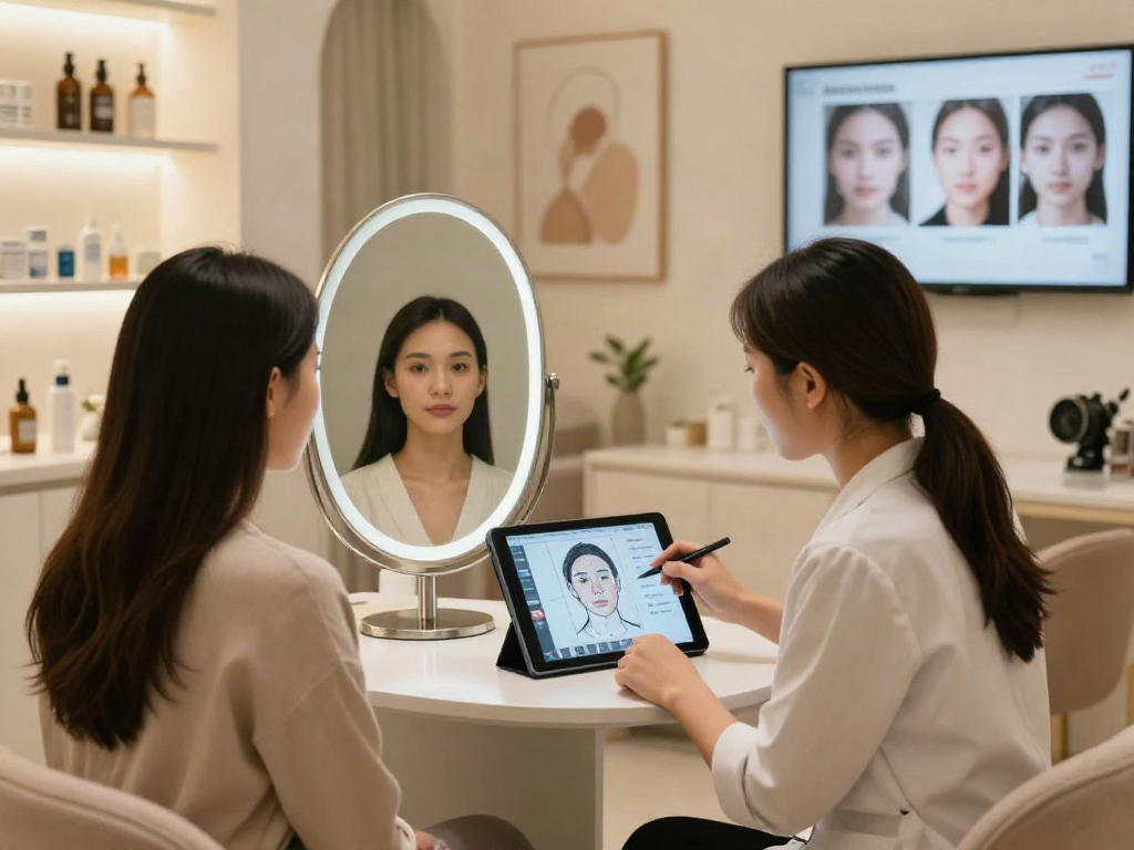 ClinicEvo vs QOVES facial analysis consultation in modern setting, consultant using tablet for digital mapping.