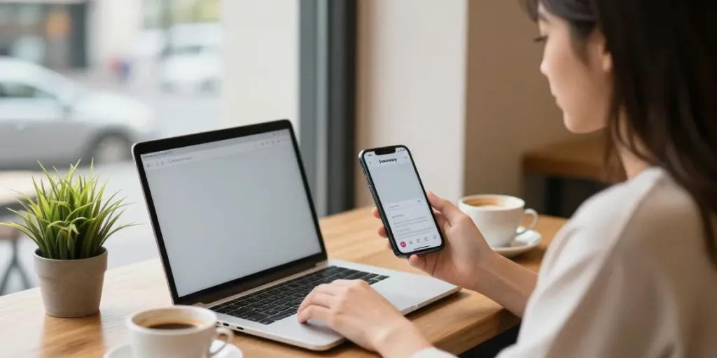 Anonymously view Instagram stories with Insanony app in a cozy cafe.