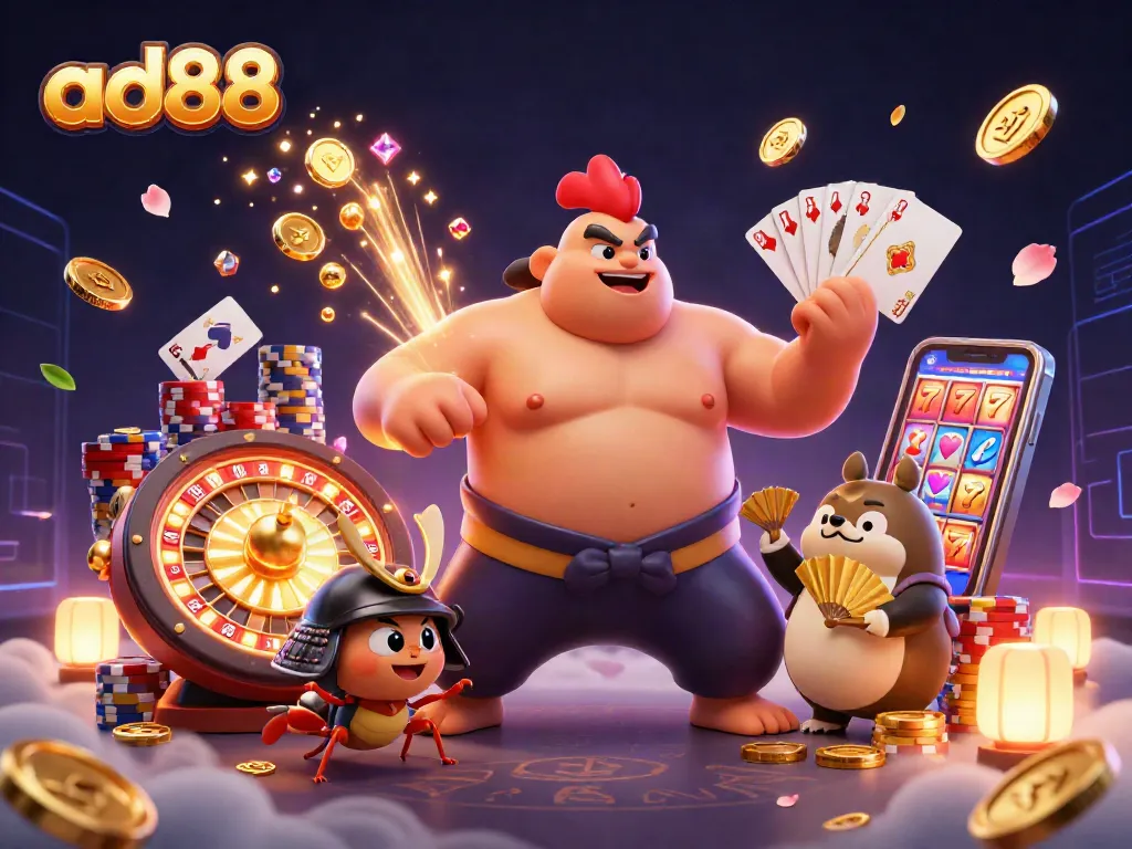 Experience excitement at ad88 as dynamic characters engage with iconic casino elements amid vibrant visuals.