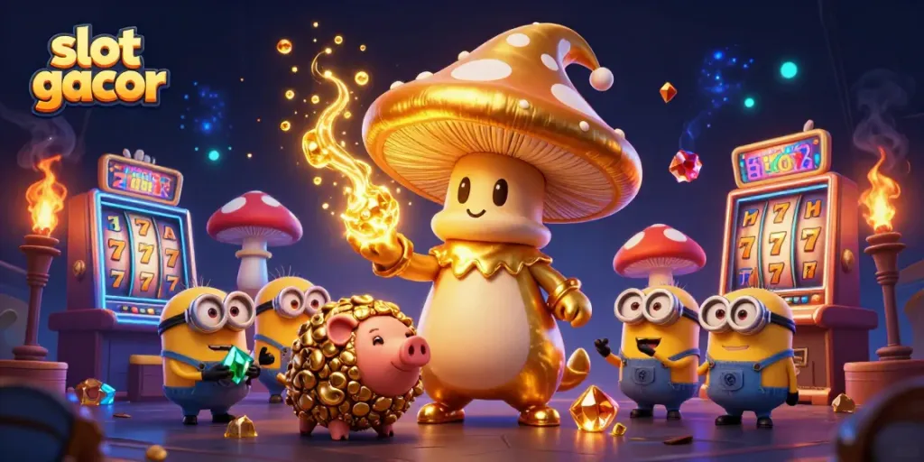 Slot gacor: ilustrasi kartun 3D dengan karakter penyihir cendawan emas dan mesin slot berkilau.