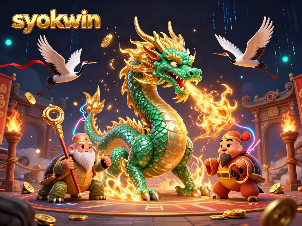Experience syokwin's vibrant casino scene with a jade dragon, phoenix cranes, and winning tokens.