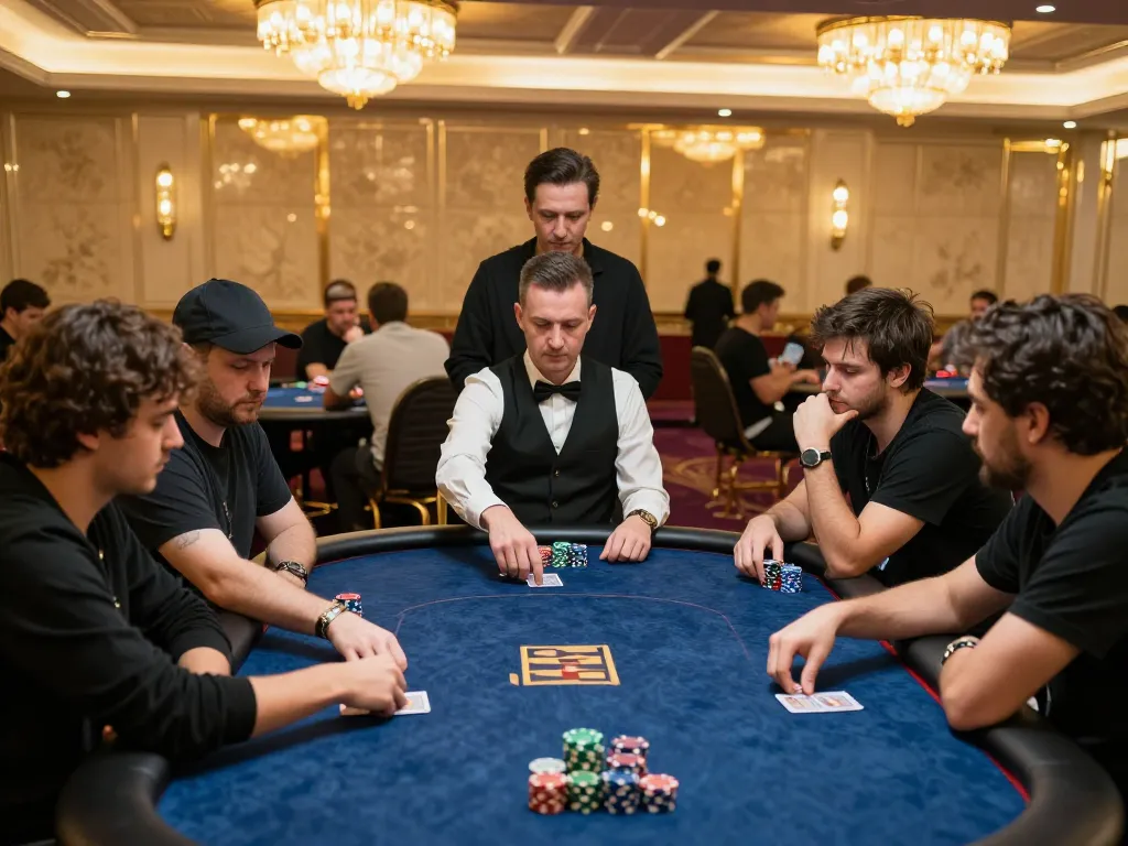 Experienced players strategizing at a high-stakes FAFA 828 poker table in a luxurious setting.