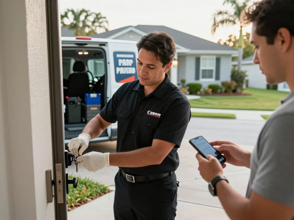 Professional locksmith in Port St. Lucie FL unlocking a residential door for a satisfied customer.