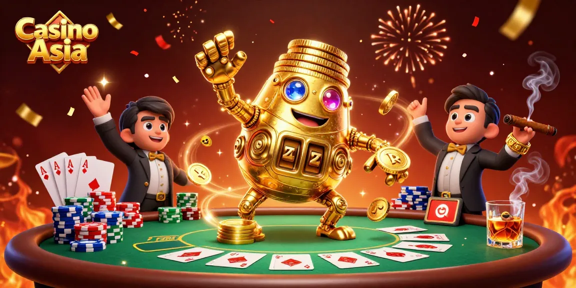 Experience Casino Asia with a vibrant golem surrounded by poker elements and festive confetti.