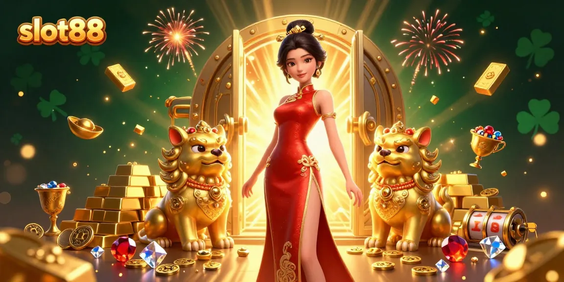 Spin the reels on slot88 as a glamorous woman celebrates wins amid golden treasures and fireworks.