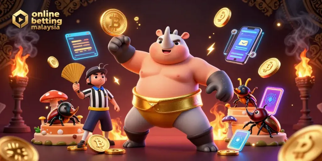 Engage with thrilling online betting Malaysia in 2026, featuring a champion beetle stomping coins as action unfolds.