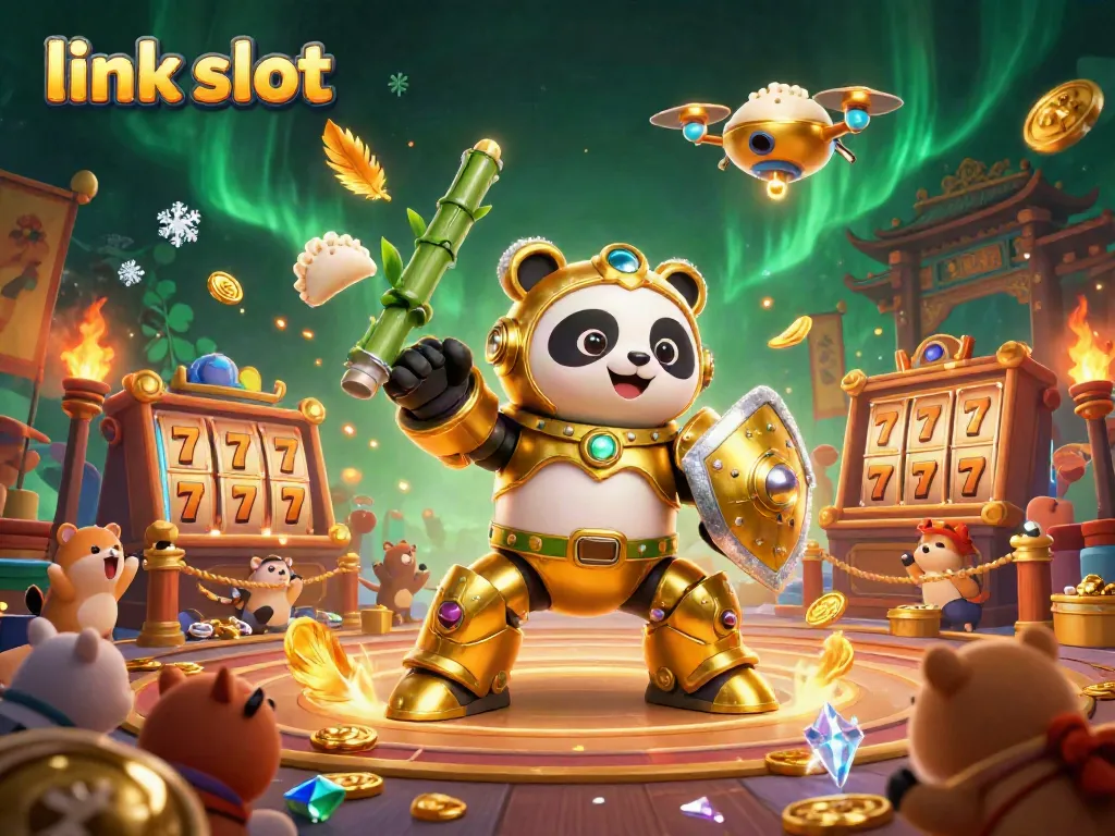 Experience slot excitement with the vibrant link slot scene featuring a golden panda and dynamic visuals.