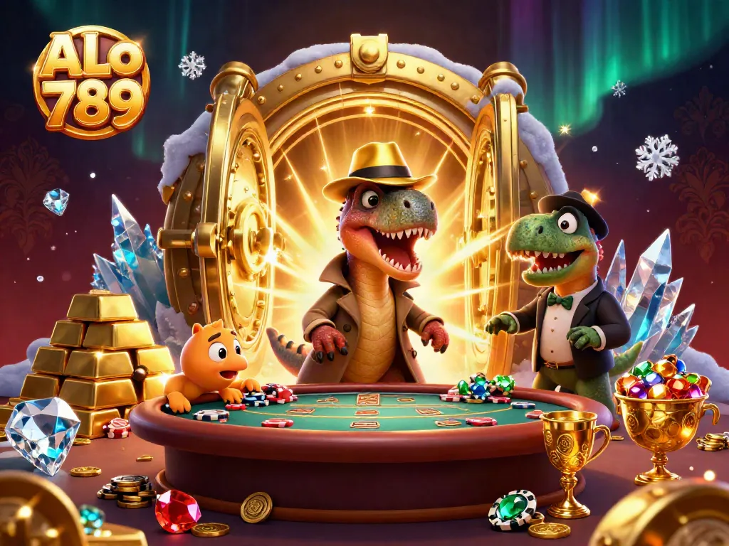 Experience exciting gameplay with ALo 789, featuring a clever velociraptor and treasure-filled casino scene.